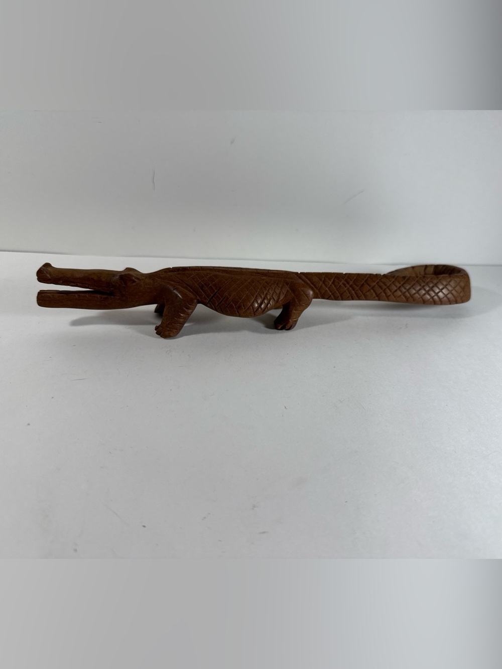 Vintage Carved Wood Crocodile Figurine | 12” Curled Tail | Folk Art Decor